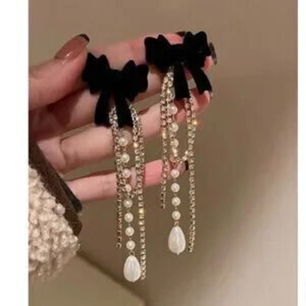 Luxe 925 sterling silver Black Bow Faux Pearl Rhinestone Tassel Earrings